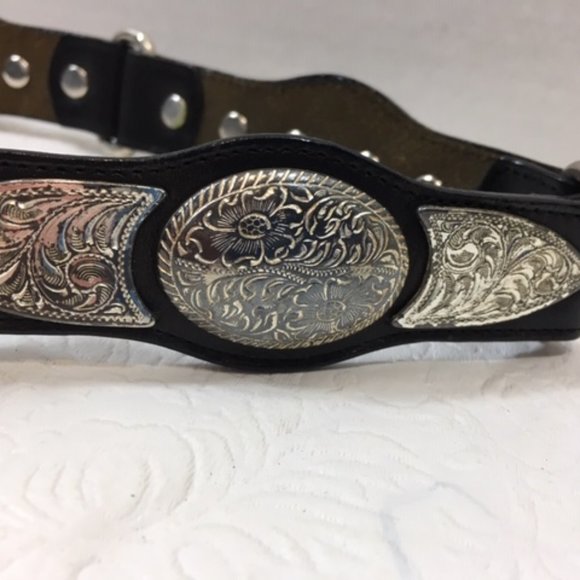 Vintage Nadim USA Silver Plated Medallions Western Black Rodeo Leather Belt main image 8